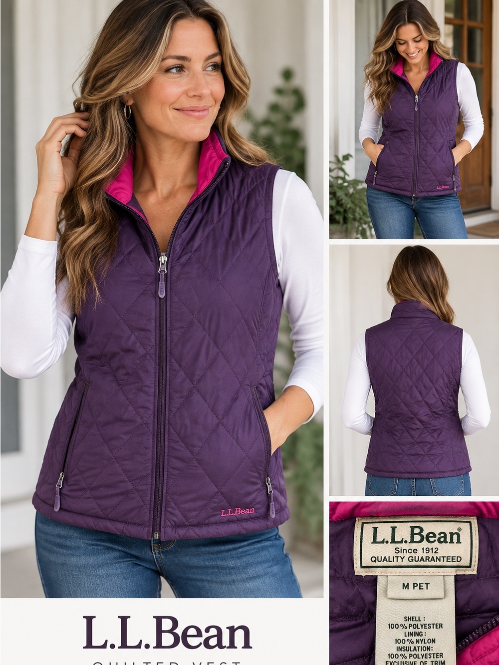 L.L. Bean Quilted Reversible Purple with Pink Lining Vest Full Zip Med Petite
